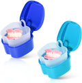 2 Pack Colors Denture Bath Case Cup Box Holder Storage Soak Container with Strainer Basket for Travel Cleaning (Light Blue and Blue)