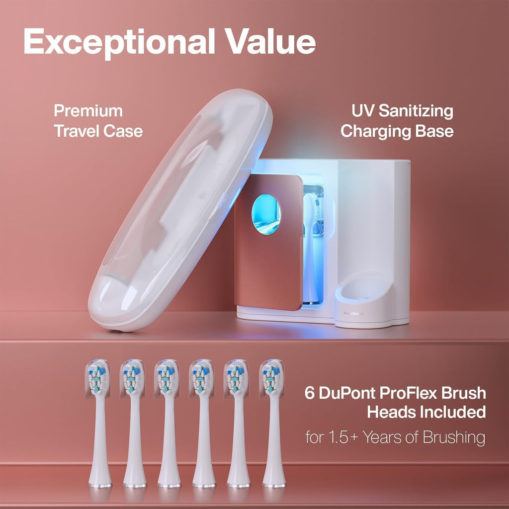 Aquasonic Vibe Series PRO – Ultra-Whitening Electric Toothbrush – 5 Modes & Smart Timers – UV Sanitizing Base – ADA Accepted (Satin Rose Gold)