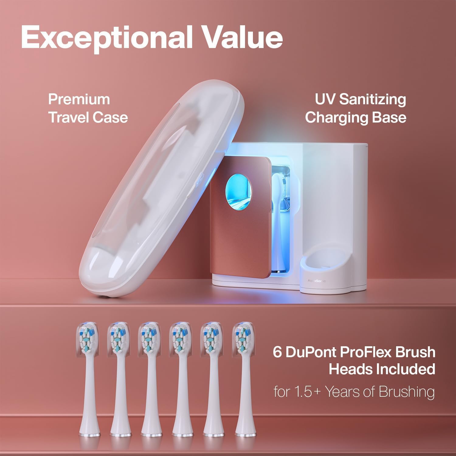 Aquasonic Vibe Series PRO – Ultra-Whitening Electric Toothbrush – 5 Modes & Smart Timers – UV Sanitizing Base – ADA Accepted (Satin Rose Gold)