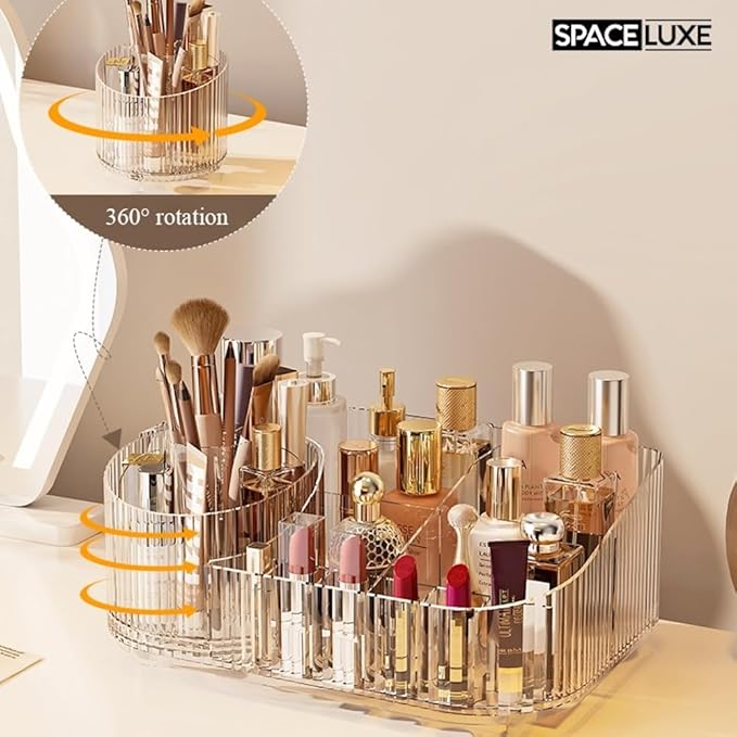 Makeup Organizer with Drawers and 360° Rotating Brush Holder, Large Capacity Cosmetic Storage for Vanity, Skincare, Perfume, Hair Accessories, Lipstick & Jewelry (Cream White, 3-layer)