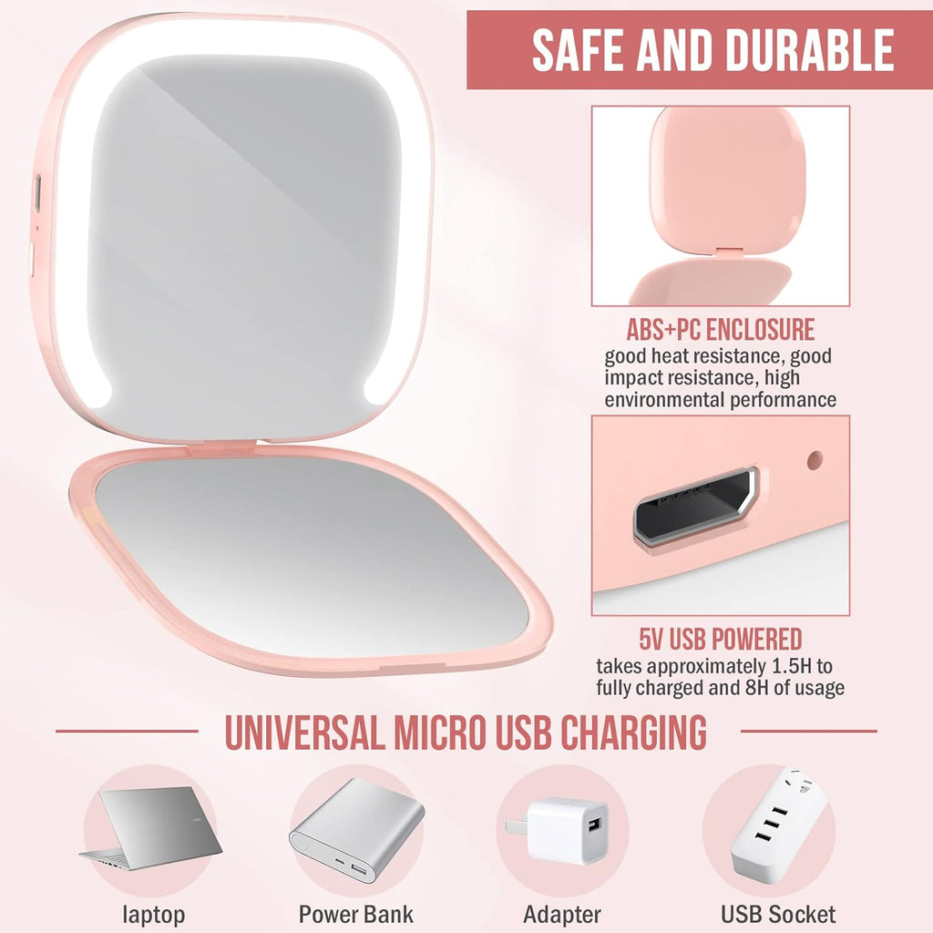 MY BEAUTY LIGHT Bright Compact Mirror with Durable Rechargeable 1X/3X Magnifying Light, 3000K-6000K Travel Makeup Mirror with Lights for Handbag Purse Pocket (Pink)
