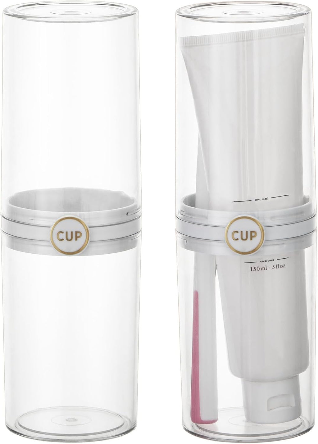 Yeeco Toothbrush Travel Case, 2 pcs Transparent Portable Toothbrush Cover with Mouthwash Cup, Plastic Cylindrical Tooth Brushing Holder for Home School Camping Travelling, 8.1 x 2.6 inches，Clear