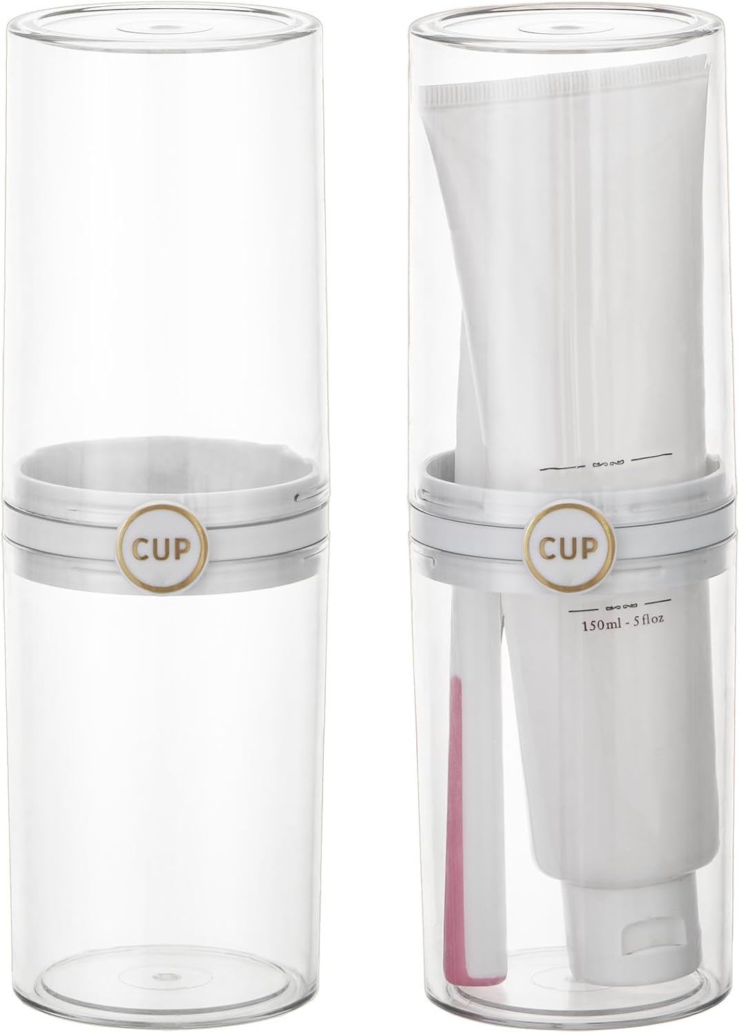 Yeeco Toothbrush Travel Case, 2 pcs Transparent Portable Toothbrush Cover with Mouthwash Cup, Plastic Cylindrical Tooth Brushing Holder for Home School Camping Travelling, 8.1 x 2.6 inches，Clear