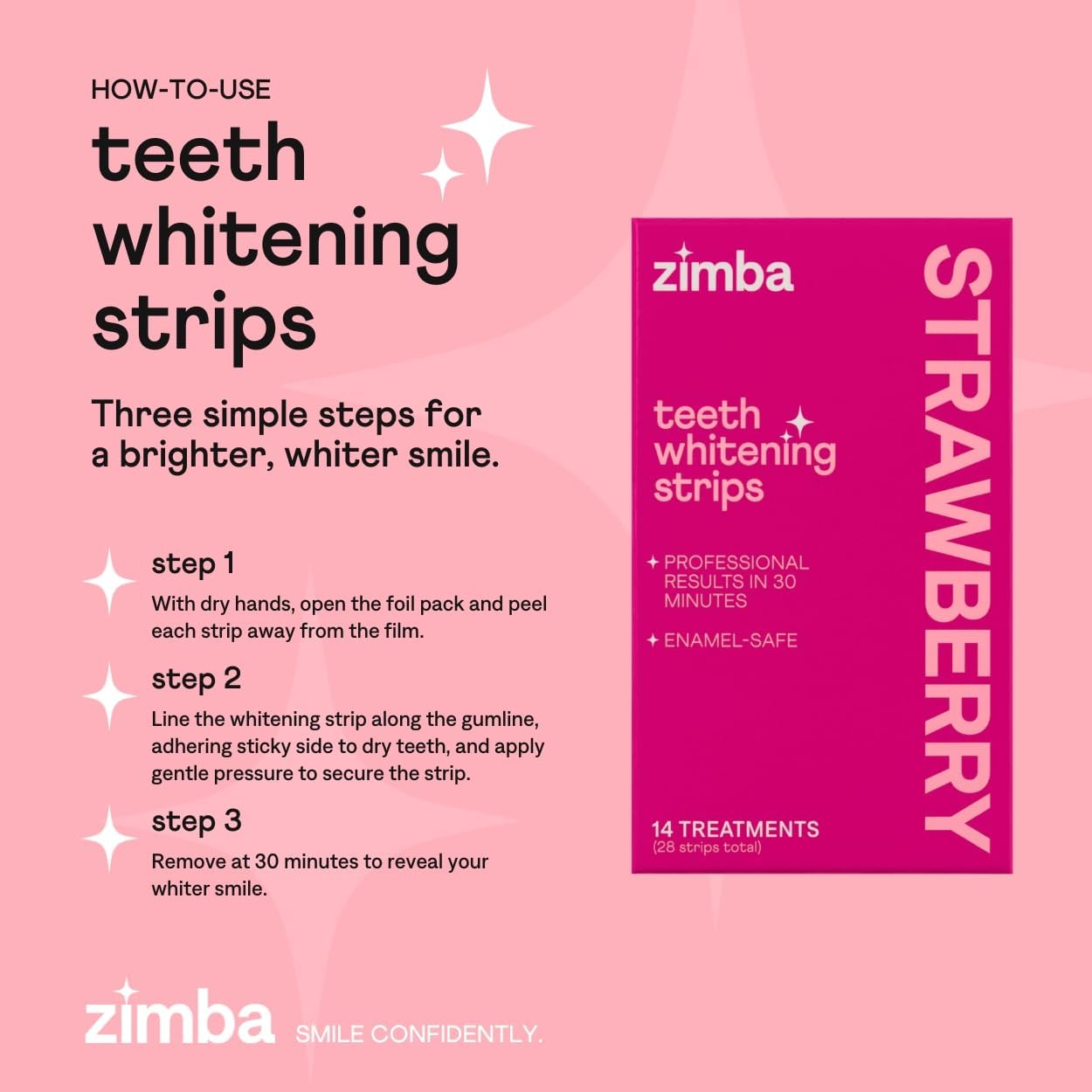 Zimba Strawberry Flavored Teeth Whitening Strips | Vegan, Enamel Safe Hydrogen Peroxide Teeth Whitener for Coffee, Wine, Tobacco, and Other Stains | 14 Day Treatment | Strawberry