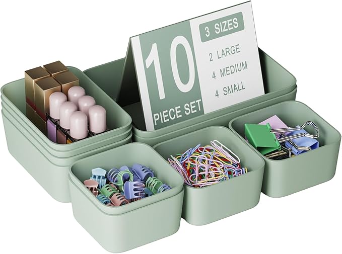 Plastic Drawer Organizers, 10 PCS Drawer Organizer Bins, Bathroom and Vanity Organizer Plastic Tray, Makeup organizer and storage for Makeup, Bedroom, Kitchen Gadgets Utensils and Office (Green)