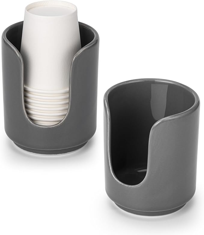 3 oz Original Ceramic Bathroom Cup Dispenser with 5 PLA Paper Cups, Bathroom Essential Accessories for Mouthwash Cup Holder (2 Pack, Grey)