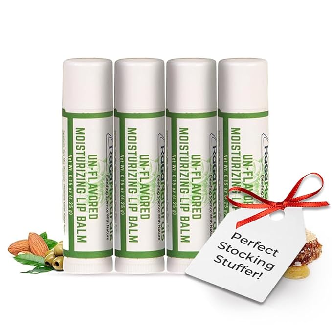 RaGaNaturals Natural Unscented Lip Balm - Original Beeswax, Shea Butter, Jojoba Oil, Vitamin E - 4 Pack Unflavored Chapstick for Dry & Cracked Lips - Christmas Stocking Stuffers - Handmade in USA