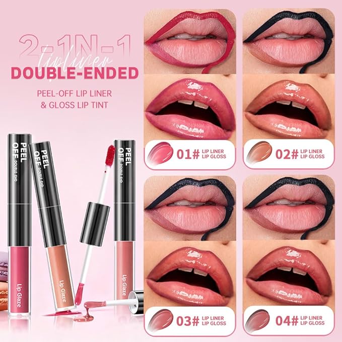 Dual-Ended Peel Off Lip Liner & Stain in Caramel Nude – Tattoo-Like Peel Off Lip Stain Liner + Hydrating High Shine Nude Lip Tint, Long-Lasting Waterproof Smudge-Proof Duo for Natural Nude Brown Lips