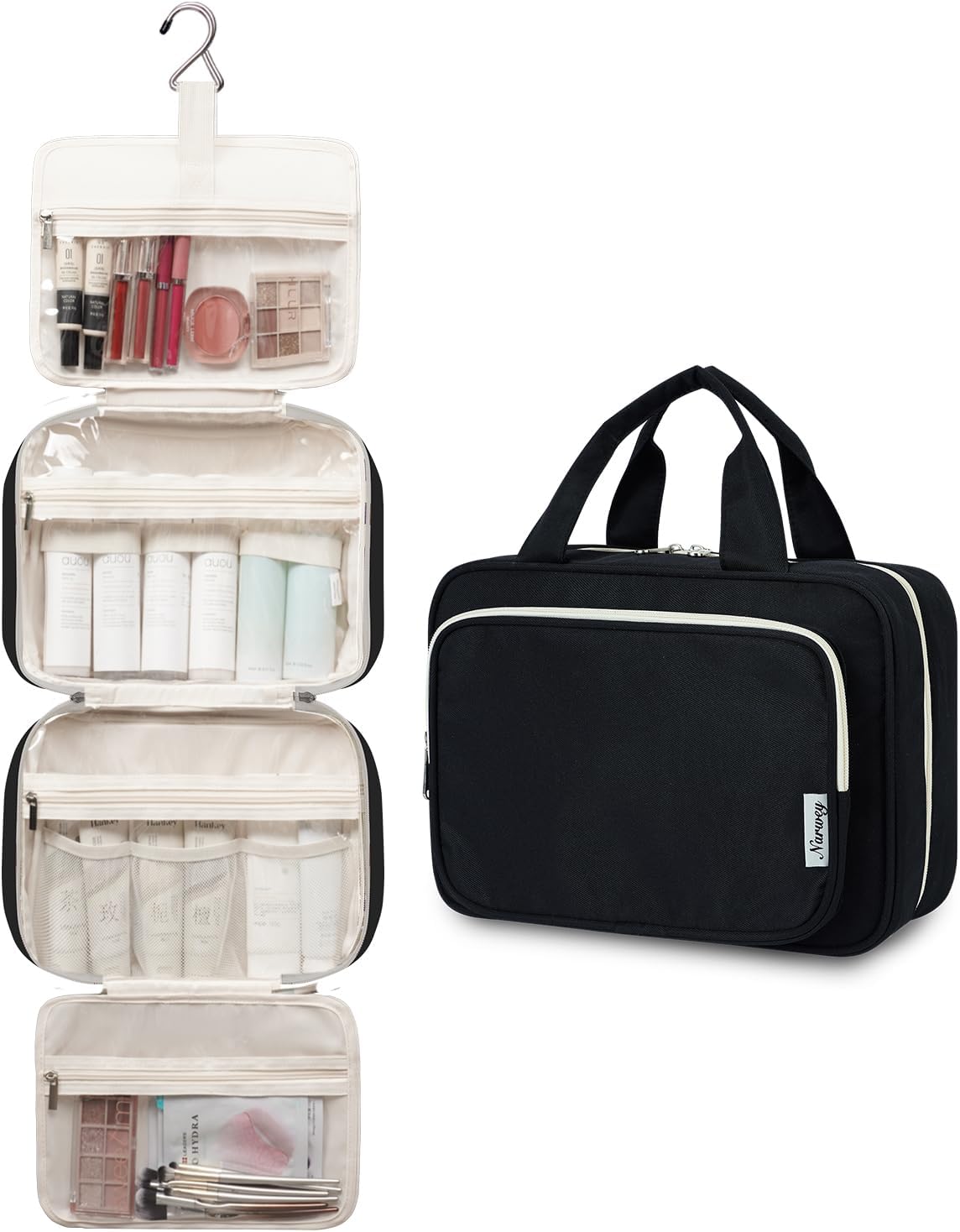 Narwey Travel Toiletry Bag for Women Large Hanging Makeup Bag Organizer Toiletries Bag for Full Size Essentials Accessories Cosmetics (Black (Large))
