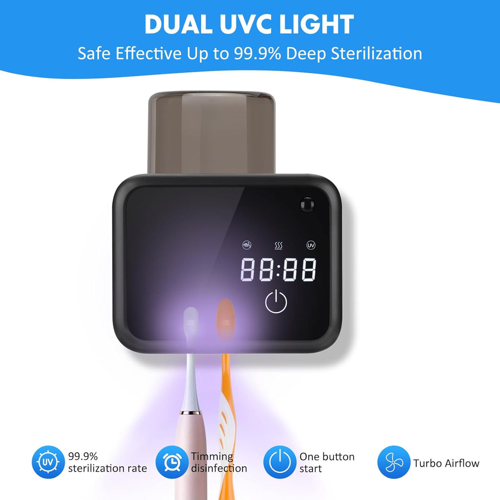 Wall Mounted Toothbrush Cleaning Holder, 2 Slots Toothbrush Cleaner with LED Screen, Timer and Cup, Smart UV Toothbrush Storage with Heating and Fan Drying for Bathroom Organizer & Decor - Black