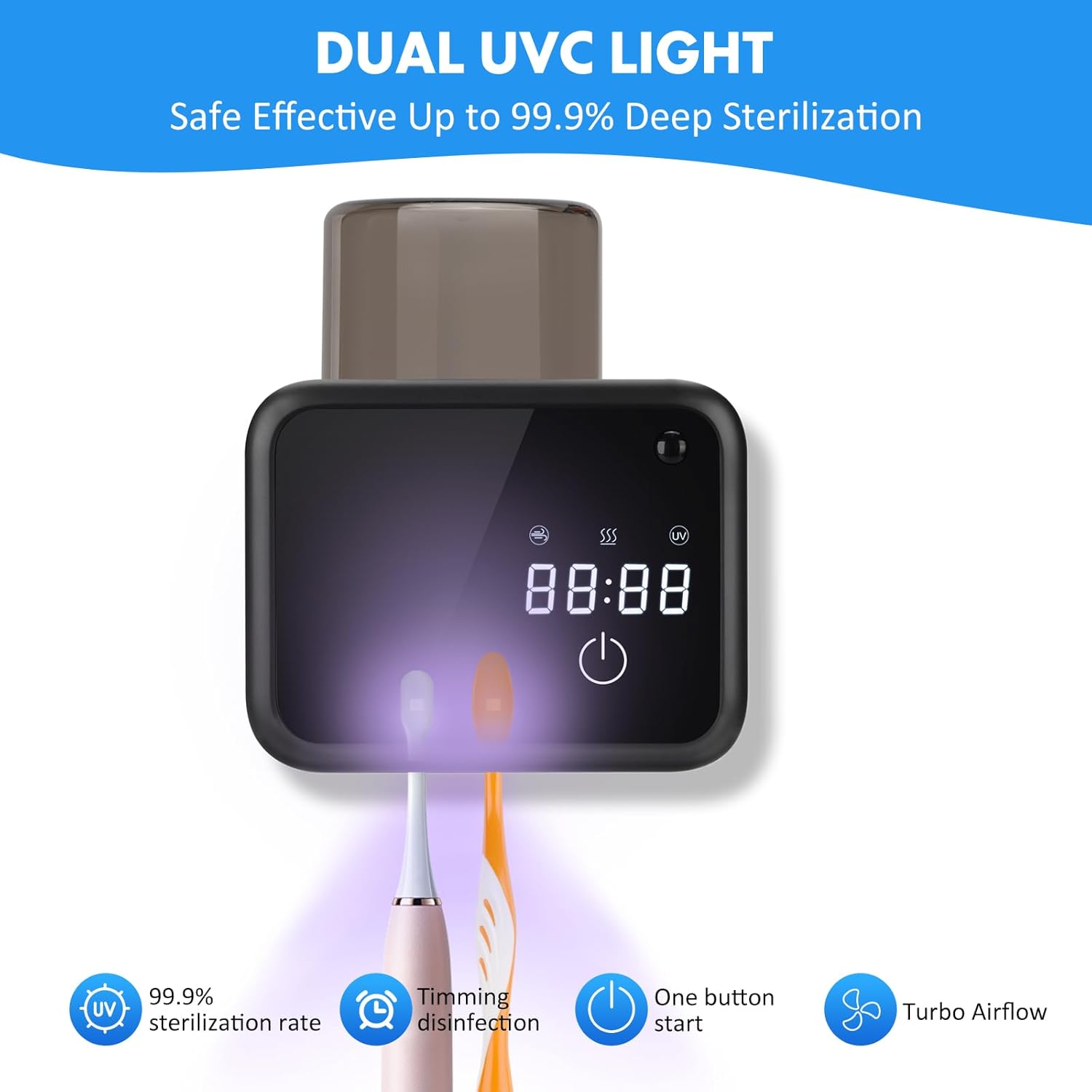 Wall Mounted Toothbrush Cleaning Holder, 2 Slots Toothbrush Cleaner with LED Screen, Timer and Cup, Smart UV Toothbrush Storage with Heating and Fan Drying for Bathroom Organizer & Decor - Black