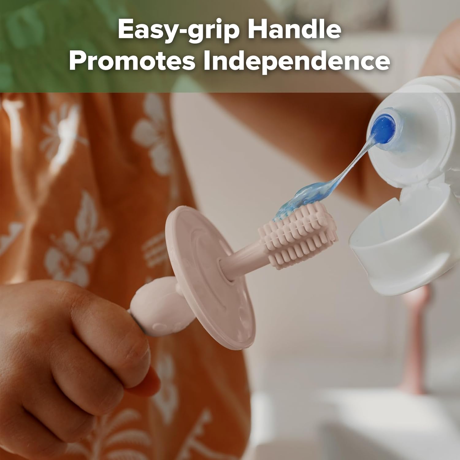 haakaa 360° Baby Toothbrush with Suction Base - Gentle Cleaning for Toddler's Self-Brushing Training, Food-Grade Silicone, Adjustable Safety Shield - Dusty Pink (1 Piece)