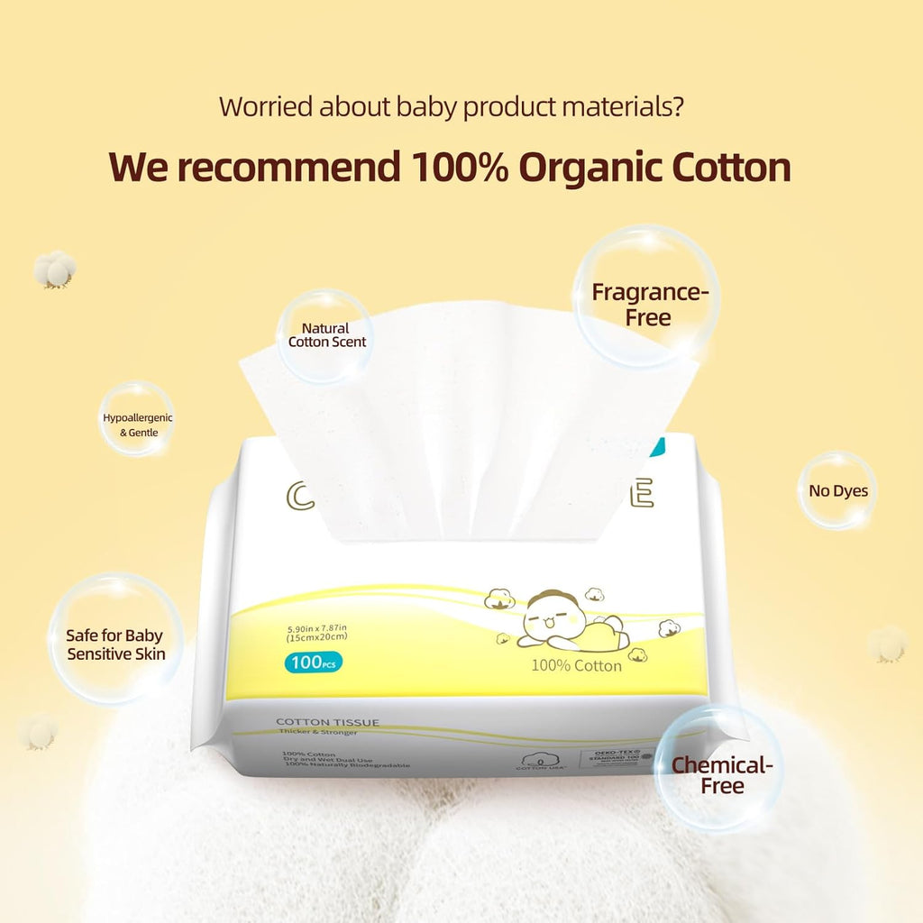 Winner 100% Cotton Dry Wipes, USDA Certified Baby Wipes, Soft & Gentle, Hypoallergenic & Unscented for Baby Sensitive Skin, Use Wet/Dry for Diaper Changes, Meals & Cleanup, 100ct, Pack of 1