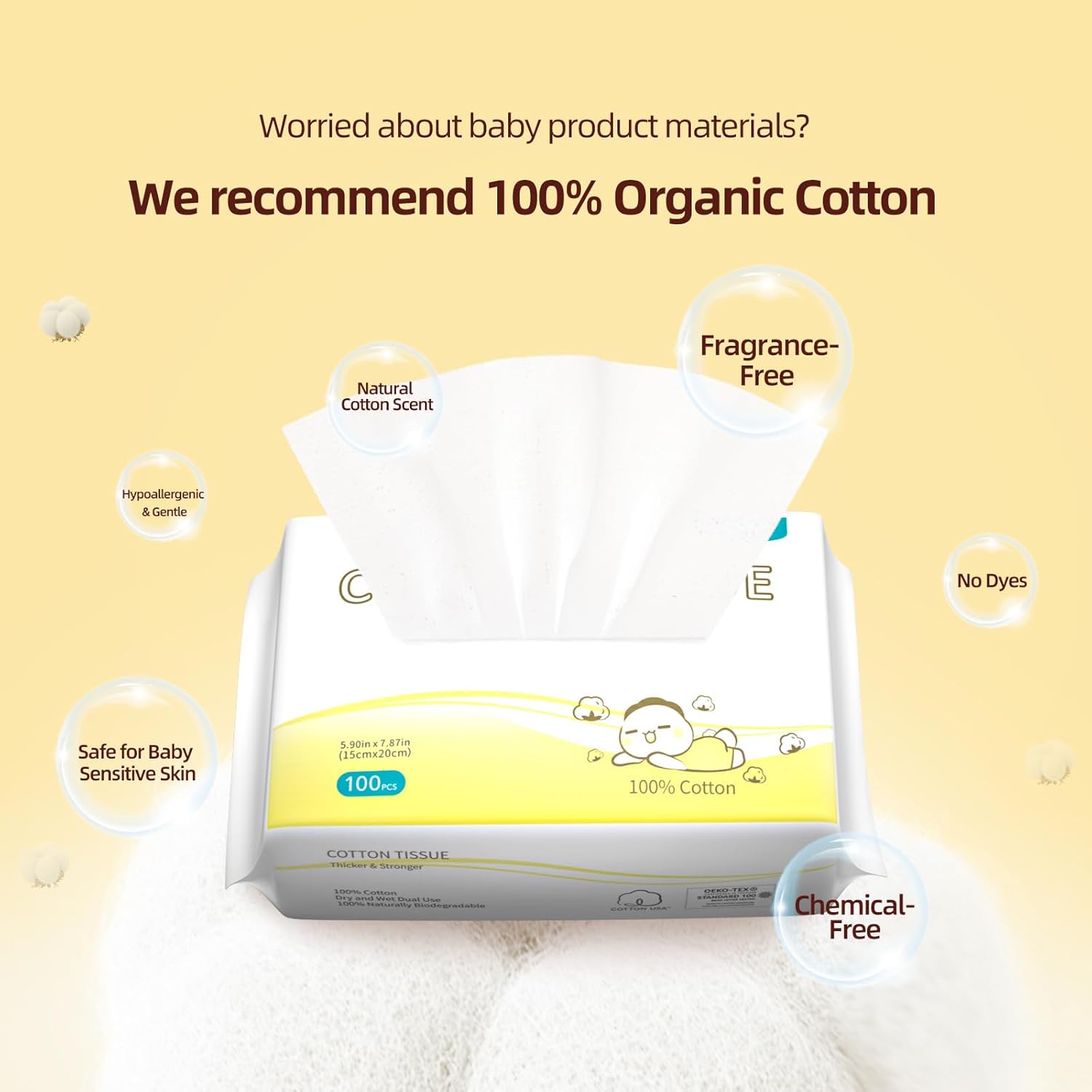 Winner 100% Cotton Dry Wipes, USDA Certified Baby Wipes, Soft & Gentle, Hypoallergenic & Unscented for Baby Sensitive Skin, Use Wet/Dry for Diaper Changes, Meals & Cleanup, 100ct, Pack of 1