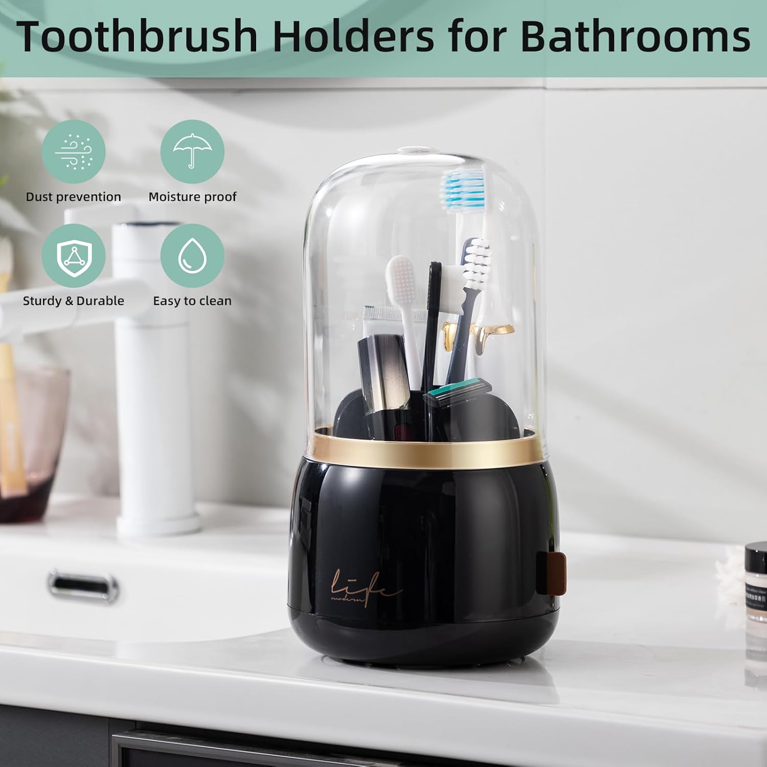 Toothbrush Holders for Bathrooms, Rotating 7 Slots Electric Toothbrush Holders with Cover, Countertop Toothpaste Organizers (Black)