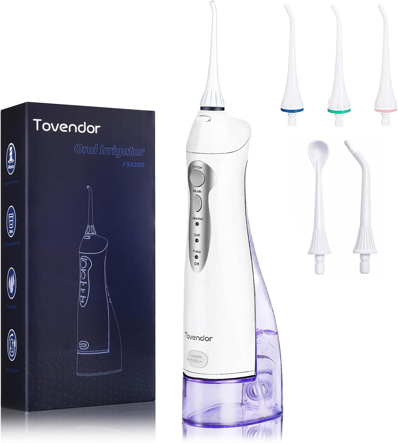 TOVENDOR Electric Water Dental Flosser Teeth Pick, Cordless Flossers Oral Irrigator IPX7 Waterproof 300ML Rechargeable Travel Water Teeth Cleaner with 5 Tips for Home Braces Care Gums Deep Cleaning