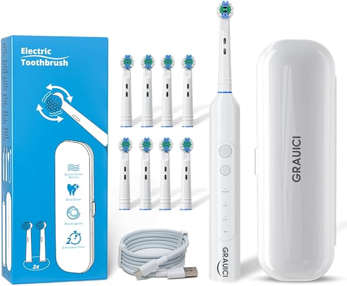 Deep Clean Rechargeable Electric Powered Toothbrush, Rechargeable Electric Toothbrush with 8 Brush Heads,Pressure Sensor to Protect Gums (White)