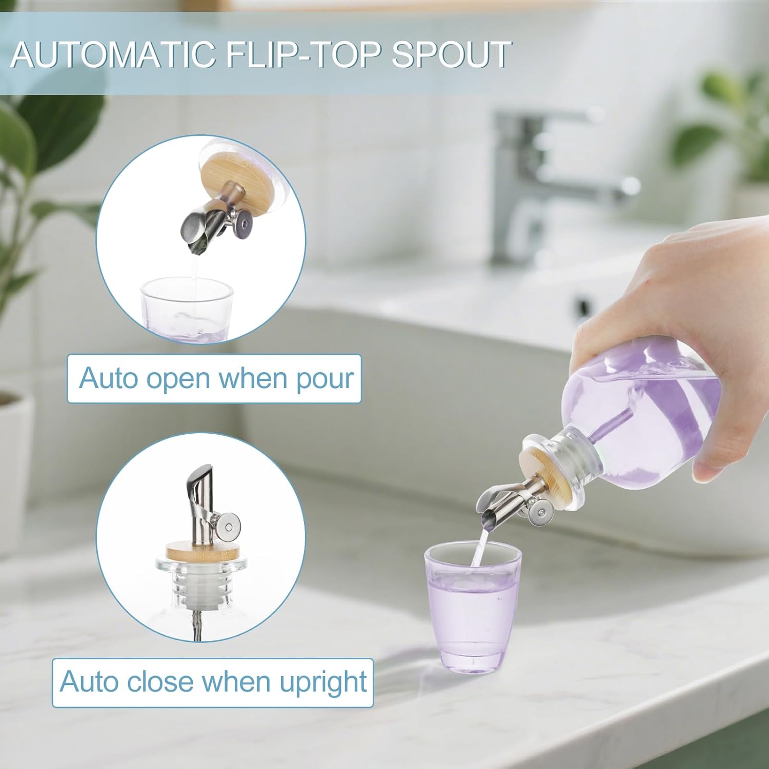 RELBRO Glass Mouthwash Dispenser for Bathroom, 11.8 OZ Refillable Mouthwash Container with Cup, Auto Pour Spout, Bamboo Tray, Funnel, Stickers, Clear, 1 Pcs