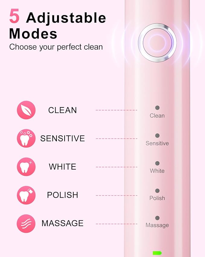 Rtauys Rotating Electric Toothbrush for Adults with 8 Brush Heads (2 Types), 5 Modes Rechargeable Power Toothbrush with Travel Case and 2 Minute Smrte Timer