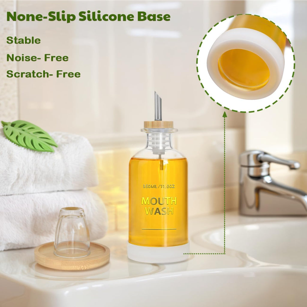 Mouthwash Dispenser for Bathroom 11.8oz – Clear Glass Mouthwash Bottle with Bamboo Tray, Silicone Base, Gold Hot-Stamped Lettering, Refillable Mouthwash Container for Bathroom (Clear)