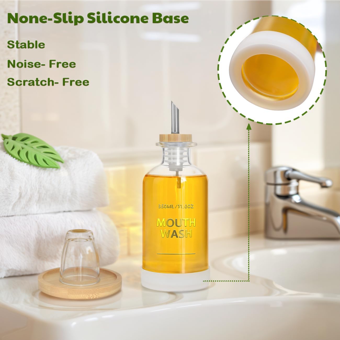 Mouthwash Dispenser for Bathroom 11.8oz – Clear Glass Mouthwash Bottle with Bamboo Tray, Silicone Base, Gold Hot-Stamped Lettering, Refillable Mouthwash Container for Bathroom (Clear)