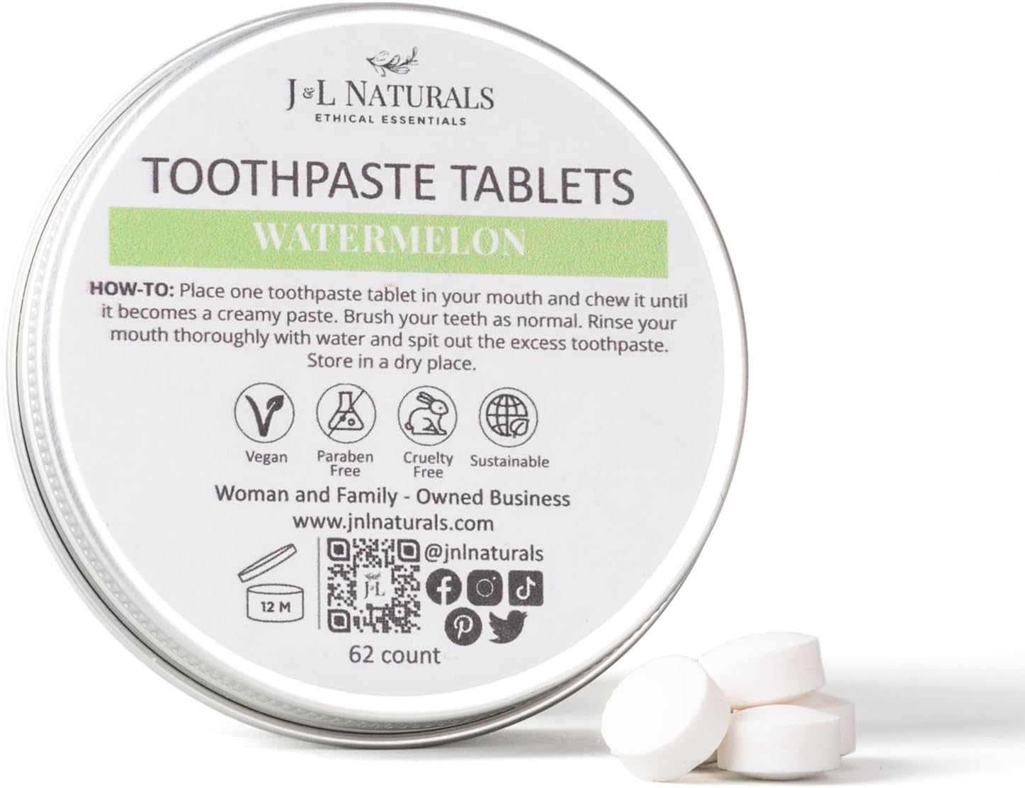 J&L Naturals Toothpaste Tablets | 62-Pack Travel-Friendly Toothpaste | Fluoride + Plastic Free, Vegan, Cruelty Free, Sustainable | Woman-Owned Small Business (Watermelon, 62 Count (Pack of 1))