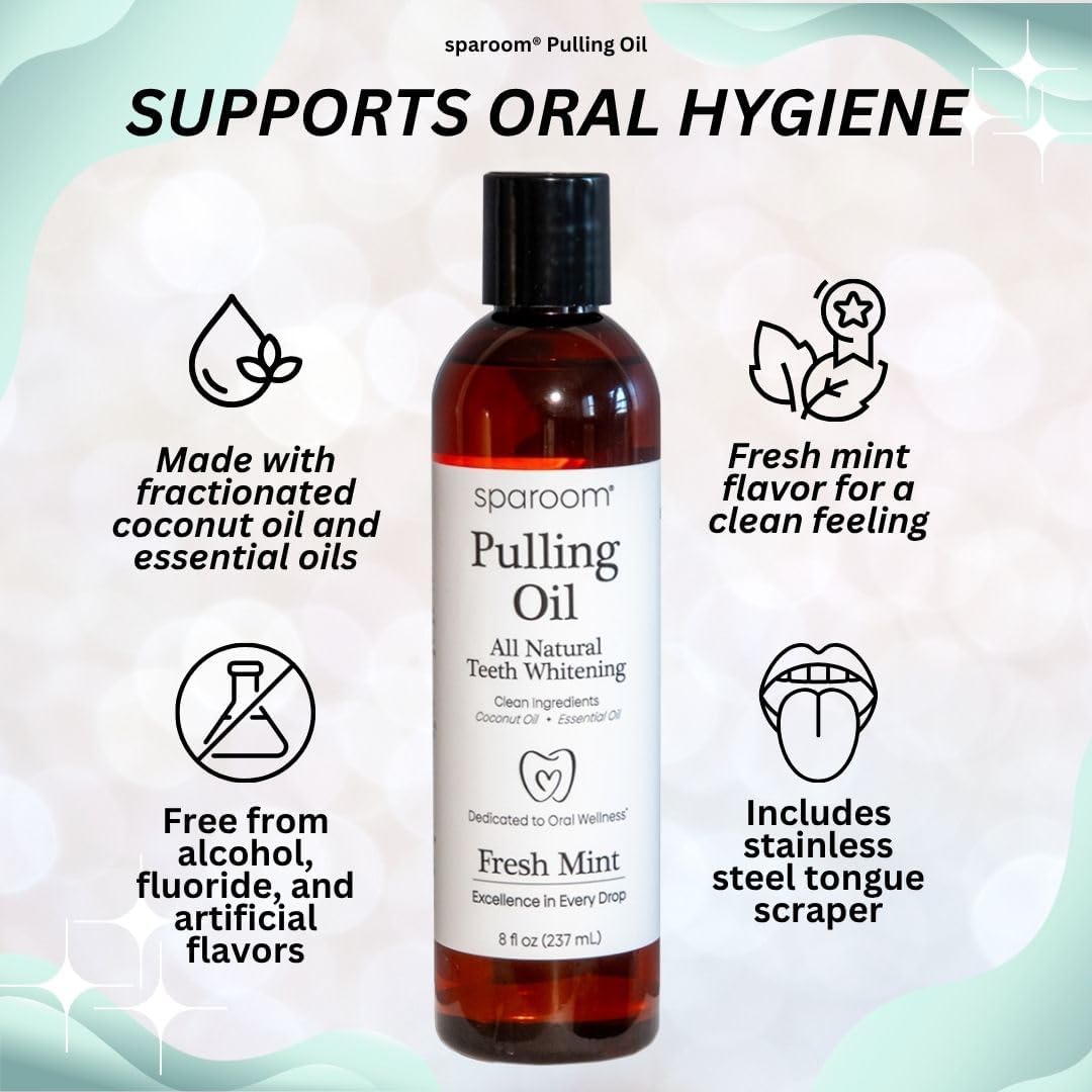 SpaRoom Oil Pulling for Teeth and Gums – Coconut Oil Pulling for Teeth with Tongue Scraper, Fresh Mint Flavor, Natural Mouthwash Alternative for Gum Health, Oral Hygiene, and Breath Support, 8 fl oz