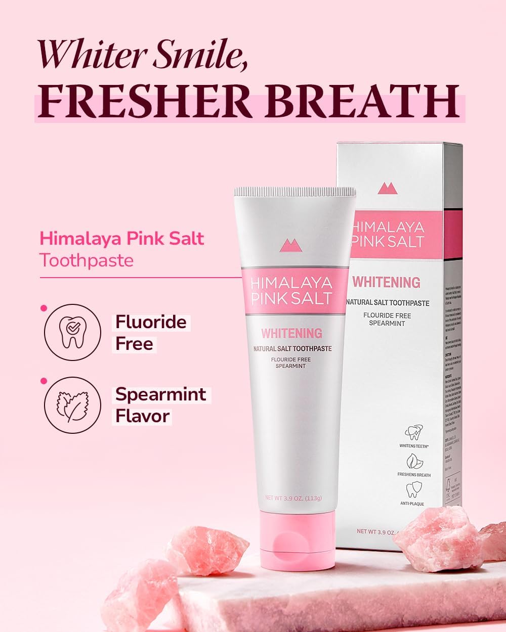 HIMALAYA PINKSALT Natural Whitening Toothpaste - Fluoride Free, Natural Toothpaste for Teeth Whitening, Gum Health Care, Plaque Remover - Spearmint Flavor, 3.9 oz (4 Packs)