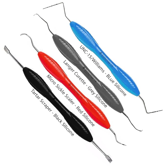 Professional Dental Curettes & Sickle Scalers 4Pcs Set – Tartar & Plaque Remover Tools for Dentists, Hygienists – Oral Care Kit with Ergonomic Silicone Handle – Periodontist Pick Tools