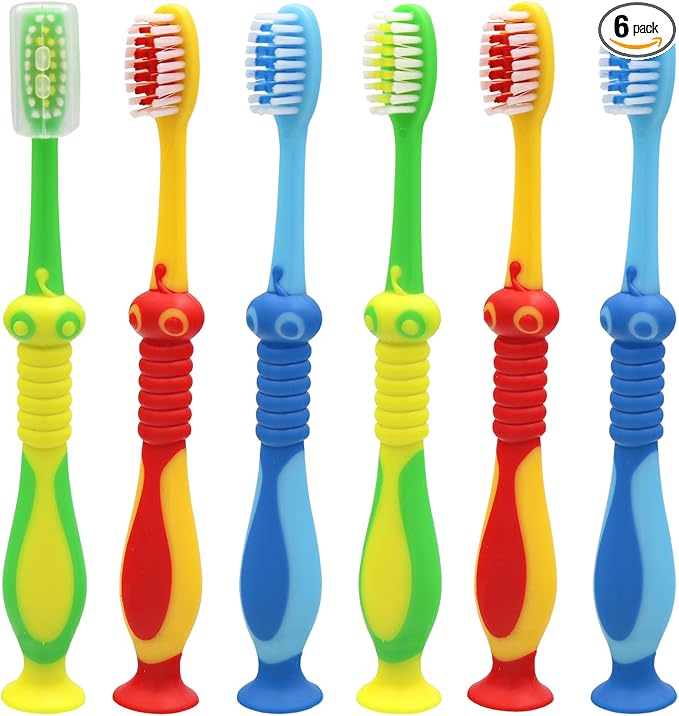 Newday Kids toothbrushes 6 Pack Soft Bristles Fun Lovely with Suction Cup, Includes Travel Covers, Animal toothbrushes for Kids Boys & Girls, Toddlers & Children's Teeth Age 3+, (Blue&Green&Red)