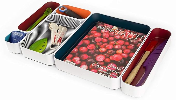 Three by Three Seattle 6 Piece Metal Organizer Tray Set for Storing Makeup, Stationery, Utensils, and More in Office Desk, Kitchen and Bathroom Drawers (2 Inch, Berry, Sunset, Blue, Stripes)