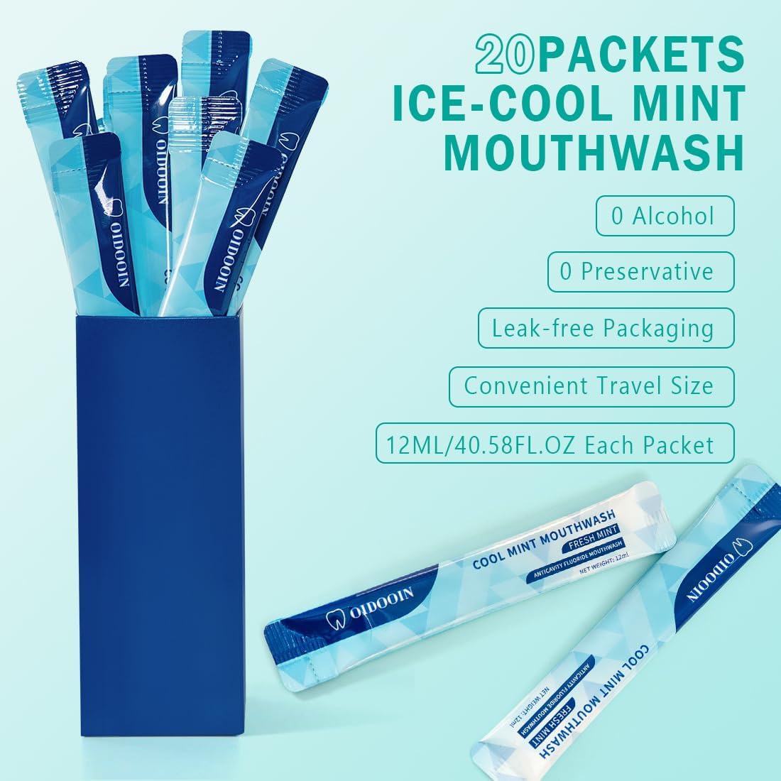 Travel Size MouthWash Packets - TSA Approved Travel Porable mouthwash, Alcohol Free, Natural Ingredients for Bad Breath,Oral Care Treatments (0.41 Fl OZ (Pack of 20))