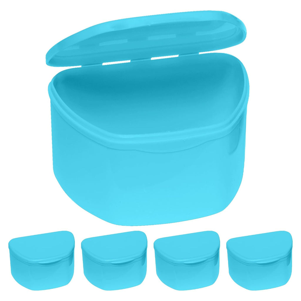 PlastCare USA Blue Denture Cases Pack of 5 - Dental Box For Artificial Teeth, Mouth Guard, Night Guard, Gum Shields, Retainer - Denture Bath Container for Women and Men - Travel Denture Cup