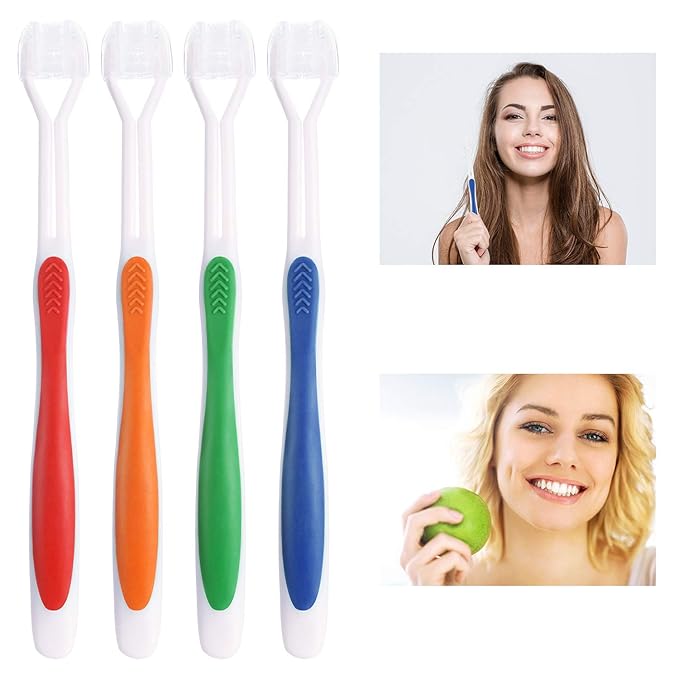 Boao 4 Pieces Toothbrush 3 Sided 7.1 Inch Autism Sensory Toothbrush 360 Degree Cleaning Travel Brush Complete Teeth Gum Care Angle Clean Tooth(Green, Blue, Yellow, Red)