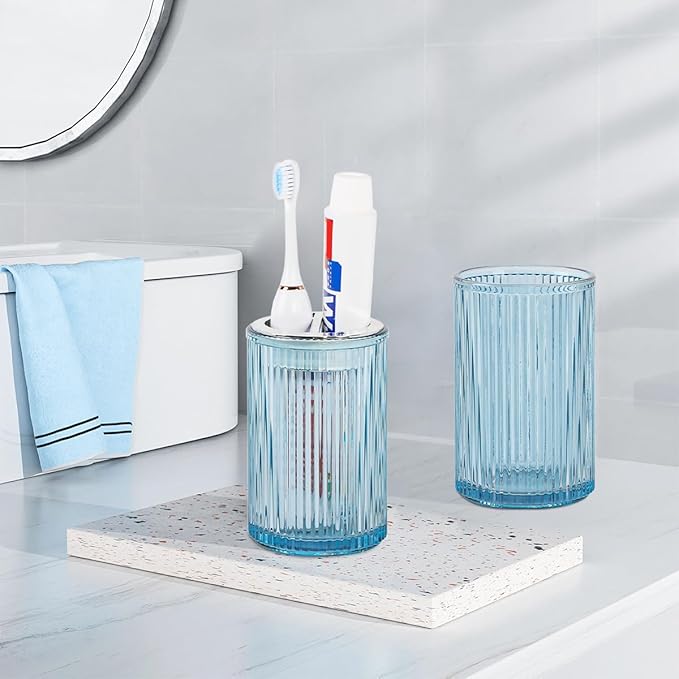 Toothbrush Holders for Bathrooms, 2pcs Glass Toothbrush Holder, 12oz Bathroom Tumbler and Mouthwash Cup, Tooth Brush and Toothpaste Organizer for Bathroom Vanity Countertop (Blue Silver)