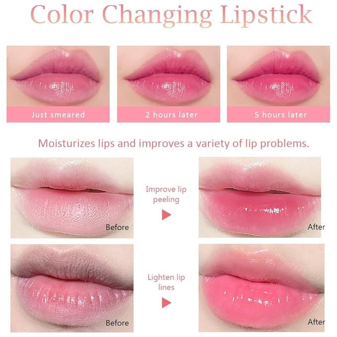 BINGBRUSH Peach Color Changing Lipstick,Moisturizer Long Lasting Lip Care Lip Balm Magic Lip Gloss Lip Tint Stain Gloss Set for Women (3 pcs Peach + Strawberry +Grape Lipstick)