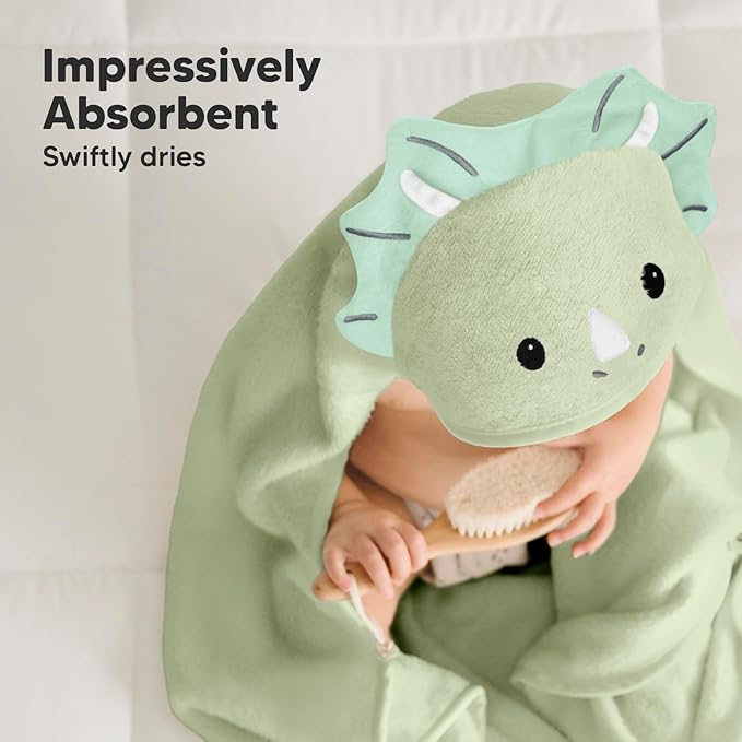 KeaBabies Hooded Baby Towel for Newborn - Viscose Derived from Bamboo Large Baby Bath Towels with Hood for Boys, Girls, Toddler, Extra Absorbent & Soft Newborn Bath Essentials (Triceratops, Regular)