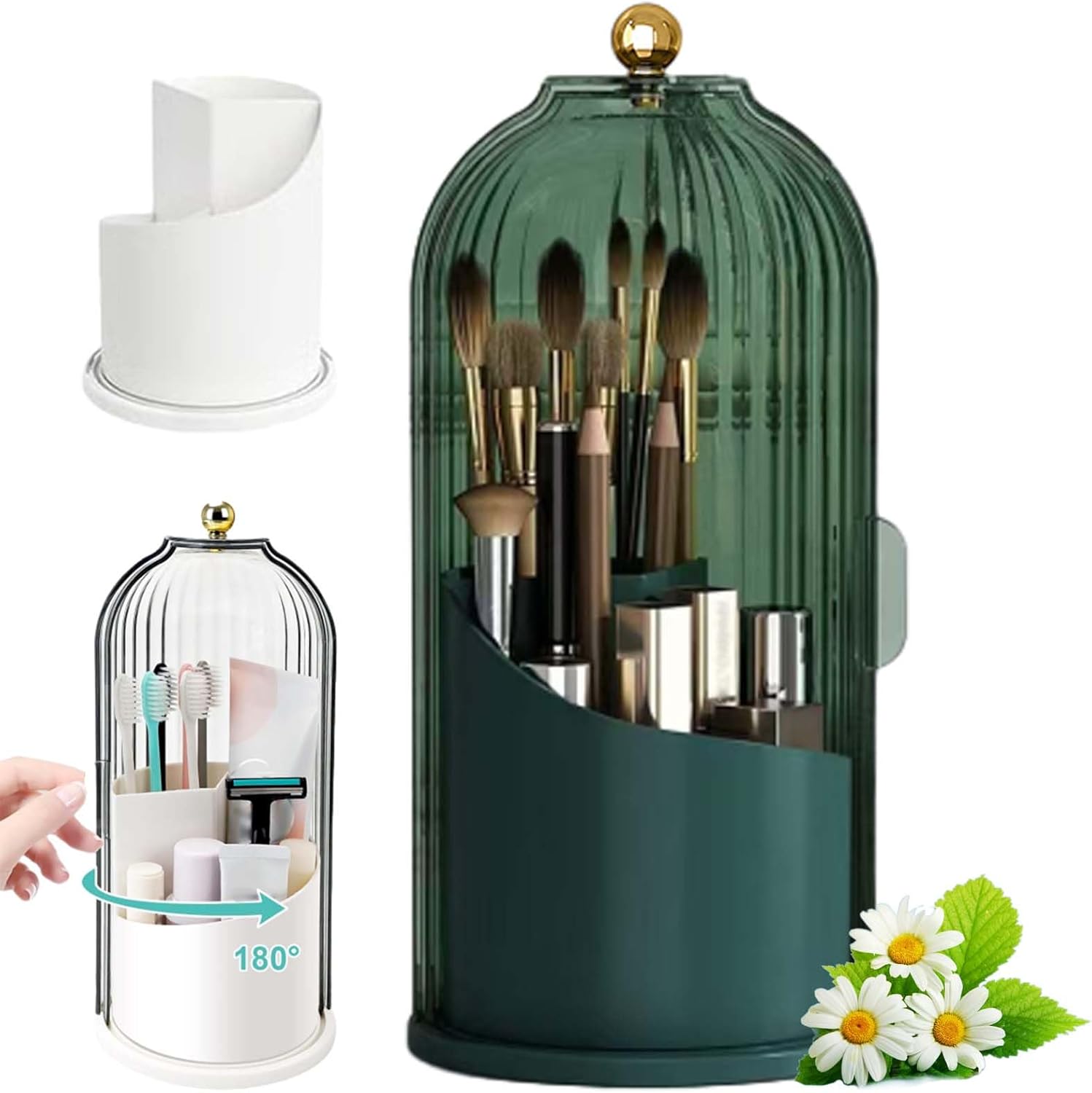 Sliding Lid Toothbrush Organizer, Toothbrush Holders with Sliding Lid, 360° Rotating Dustproof Concealed Toothbrush Holder, 3-Slot Varying Heights, Ideal for Bathroom, Makeup & Travel (Green)