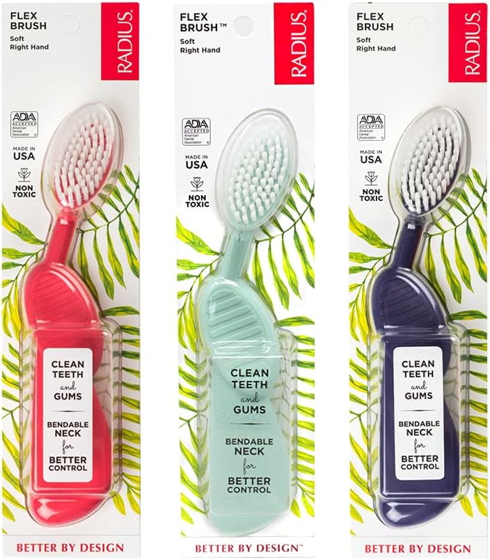 RADIUS Flex Brush Toothbrush Designed to Improve Gum Health & Reduce Gum Issues - Right Hand - Purple/Watermelon/Mint Green - Pack of 3