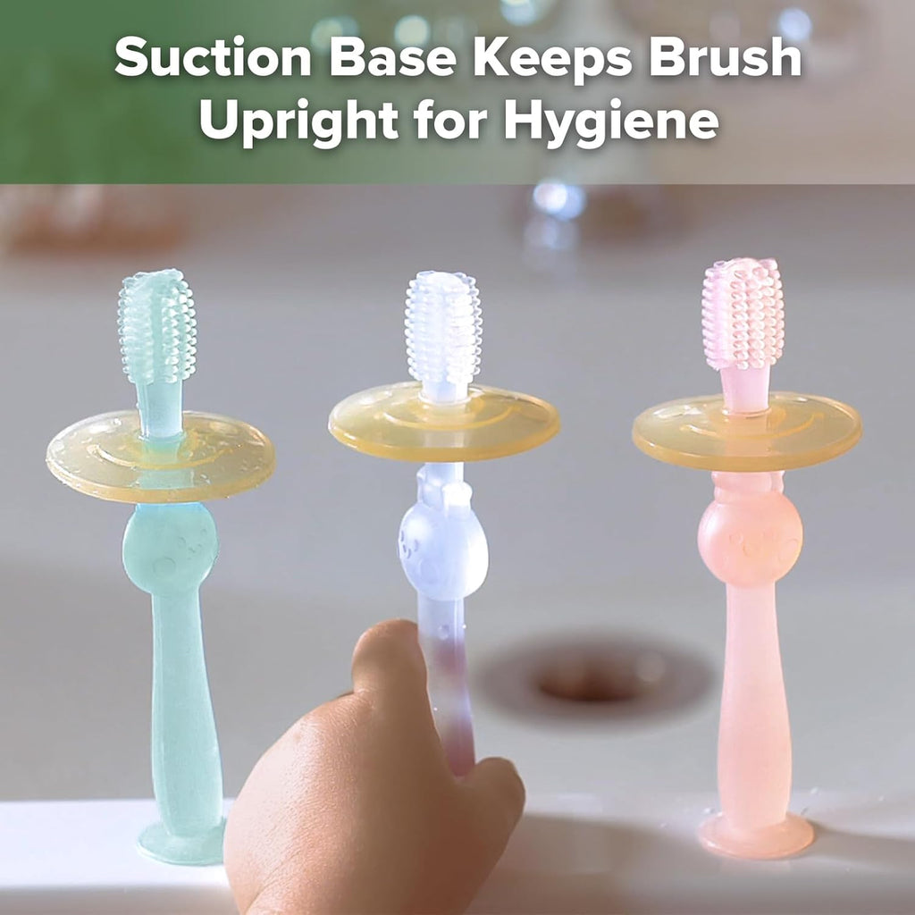 haakaa 360° Baby Toothbrush with Suction Base - Gentle Cleaning for Toddler's Self-Brushing Training, Food-Grade Silicone, Adjustable Safety Shield - Blue (1 Piece)