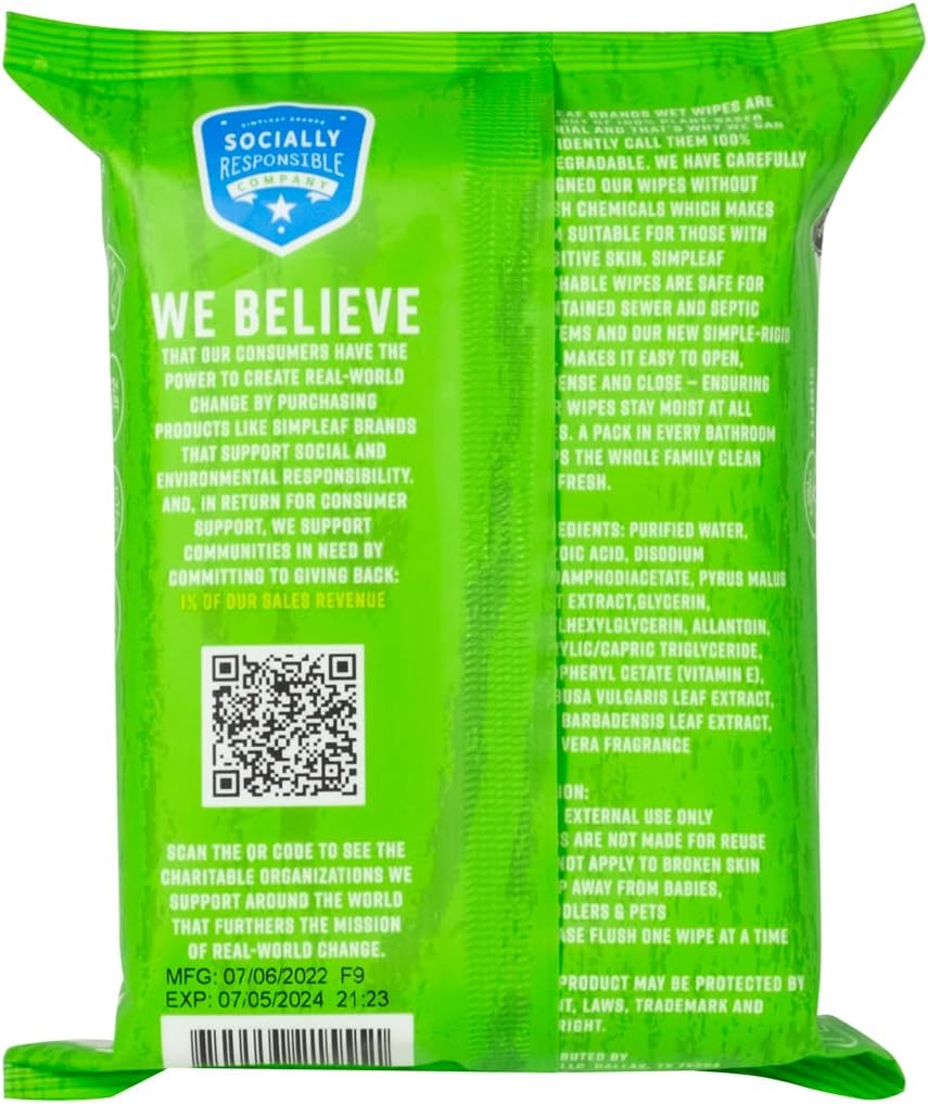 Simpleaf Flushable Wet Wipes Aloe Vera| Eco-Friendly, Paraben & Alcohol Free | Hypoallergenic & Safe for Sensitive Skin | Soothing Aloe Formula | (24 x 25 Counts Convenient Pack) 600 Counts Total