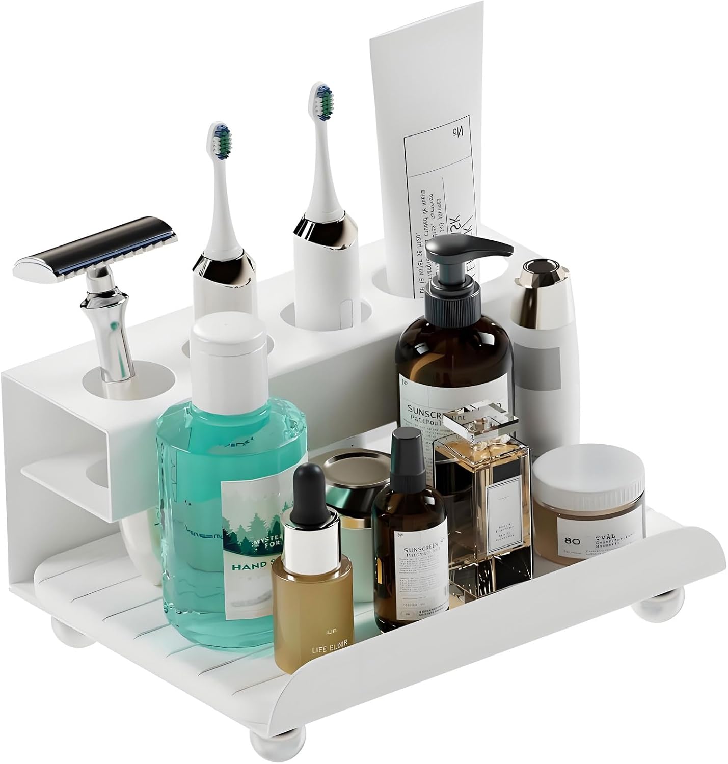 Quick Dry Electric Toothbrush Holder 4 Slots Metal Bathroom Counter Organizer for Toothpaste Razor Mouthwash, White