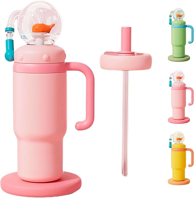 Drinking Cup With Whale Squirt, 24oz Whale Water Bottle with Handle, Insulated Stainless Steel Whale Water Cups With Two Silicone Soft Tip, Leak-Proof Whale Fountain Bottle for Kids Teens (Pink)