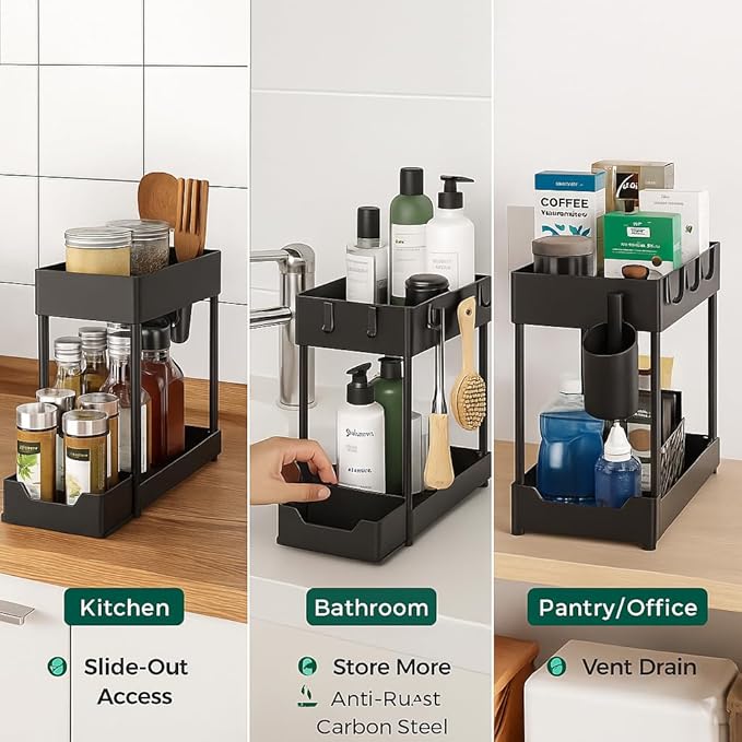 2-Tier Under Sink Organizer – Sliding Storage Rack with 4 Hooks & 1 Cup | Multi-Purpose Space Saving Shelf for Kitchen Cabinet, Countertop, Bathroom, Pantry & Office Organization, Black