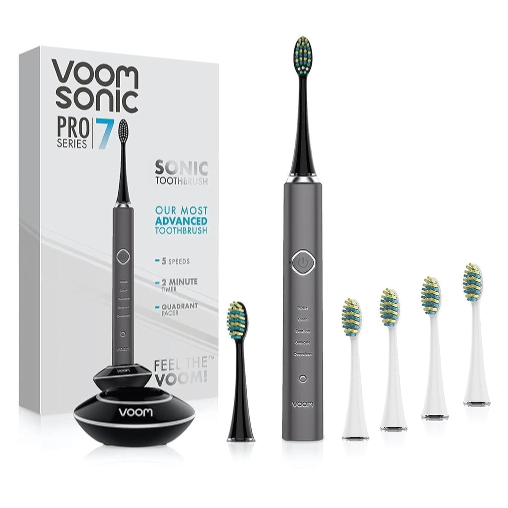 Voom Sonic Pro 7 Rechargeable Electronic Toothbrush + Pro 7 Series Replacement Brush Heads - 2-Minute Timer with Quadrant Pacing & 5 Adjustable Speeds,Soft Dupont Nylon Bristles Oral Care - Sliver