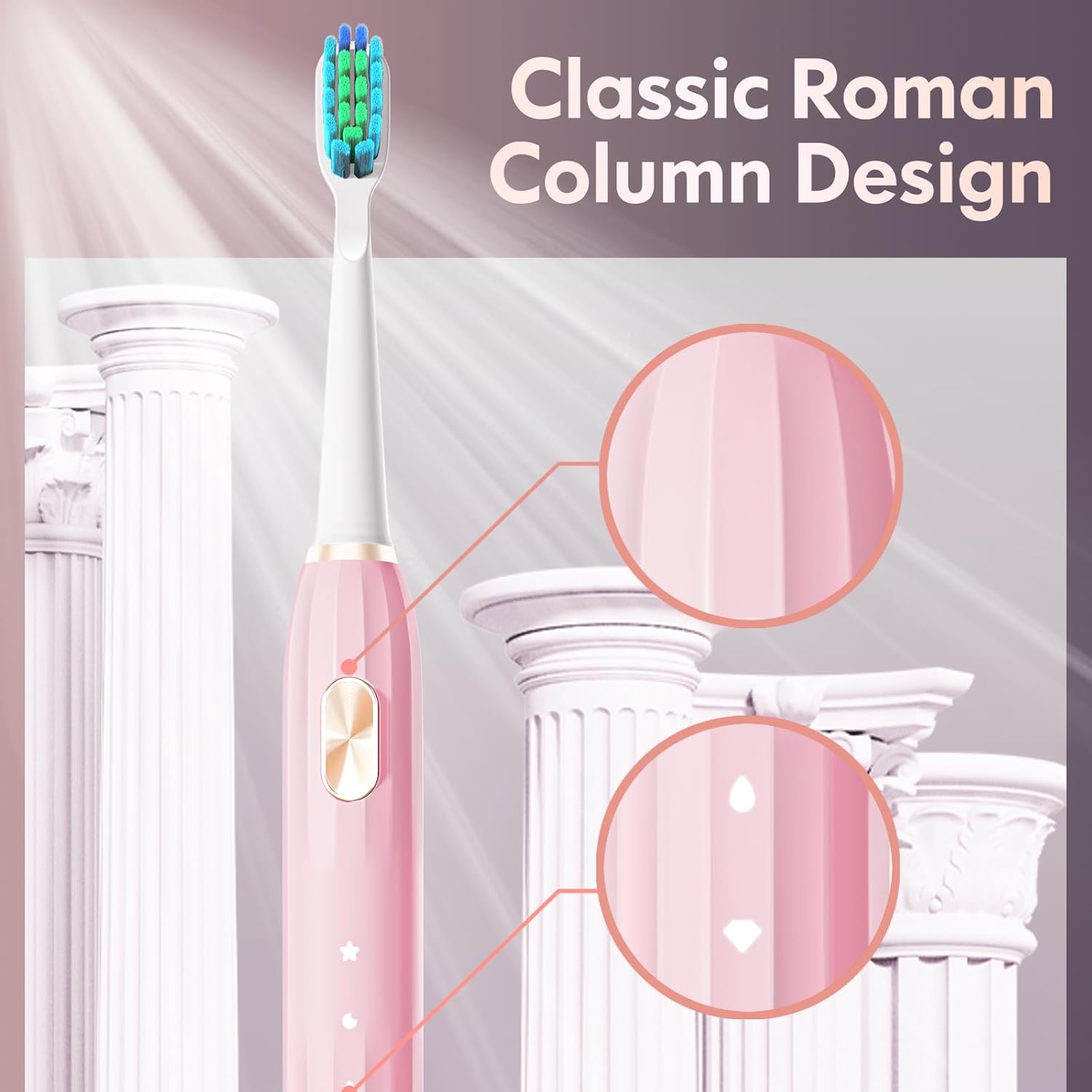 DADA-TECH Pink Electric Toothbrush for Adults Kids Electric Toothbrush Rechargeable with 9 Brush Heads, 5 Modes and 2 Minutes Smart Timer, 4Hours Charge for 60 Days, Roman Column Handle (Pink 8-12)