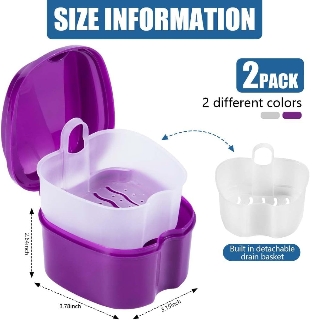 2 Pack Colors Denture Bath Case Cup Box Holder Storage Soak Container with Strainer Basket for Travel Cleaning (White and Purple)