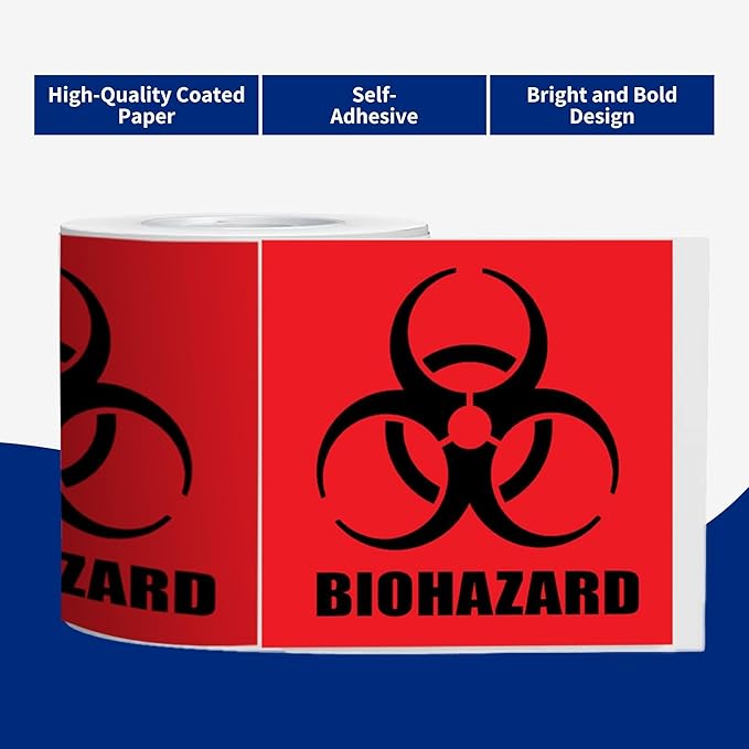 2" x 2" Biohazard Stickers - 250 Labels, Universal Symbol, Coated Paper Signs for Labs, Hospitals & Industrial Use (Pack of 2)