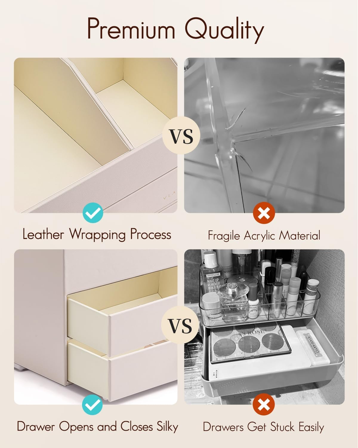 Vlando Makeup Organizer,Skincare Organizer for Vanity，PU Leather Make up Organizer with Drawers Cosmetic Display Case for Countertop,Perfume,Gifts Ideas for Women (Apricot White)