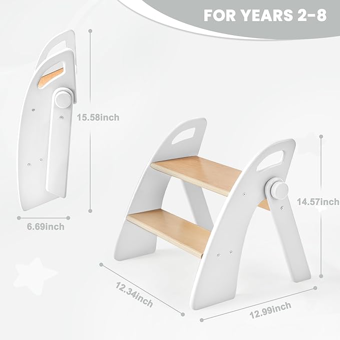 Wooden Step Stool, 300 lb. Load Capacity, with Safety Non-Slip Pads and Handles, Bamboo Step Stool for Bathroom and Kitchen, Gift for Christmas (White)